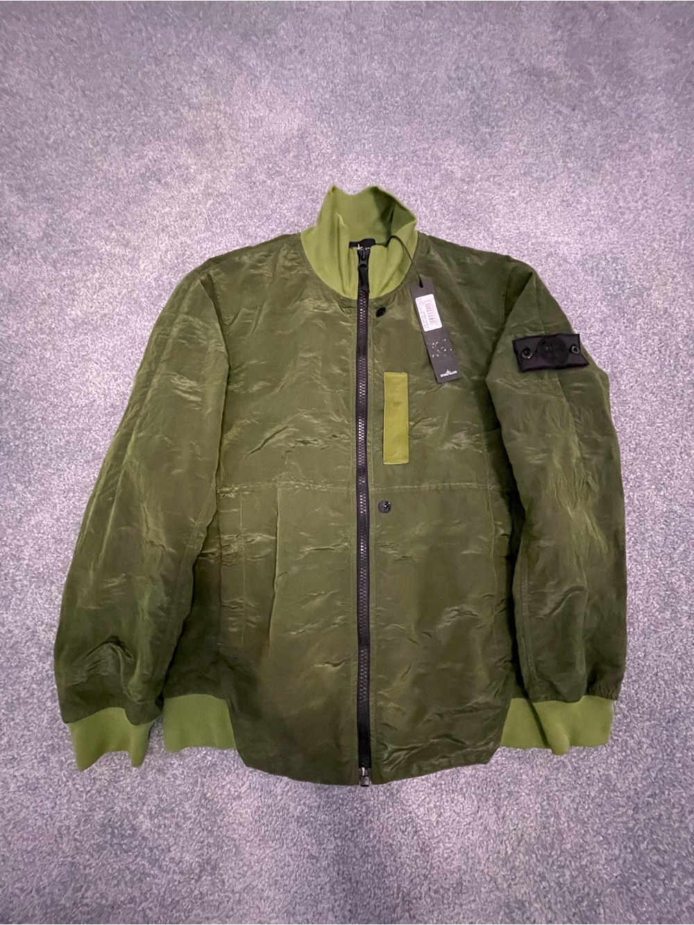 Stone Island Shadow Project Striped Nylon Metal Bomber Jacket Green, Mens Medium
